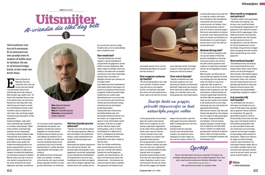 Artikel over Saartje in Computer Idee: AI-vriendin die elke dag belt, pagina 64 en 65