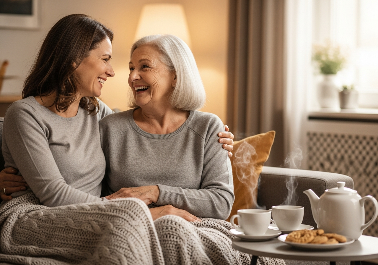 Moeder en dochter lachen samen op de bank