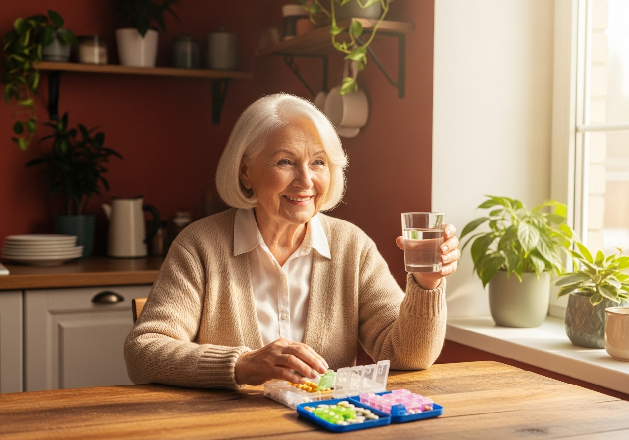 Oudere vrouw met haar medicijndoosje