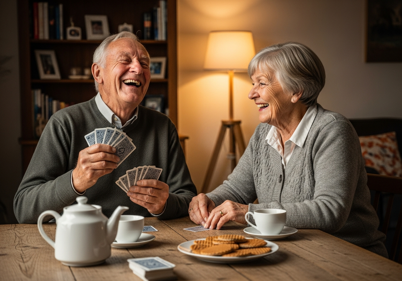 Oudere mensen spelen een kaartspel en lachen